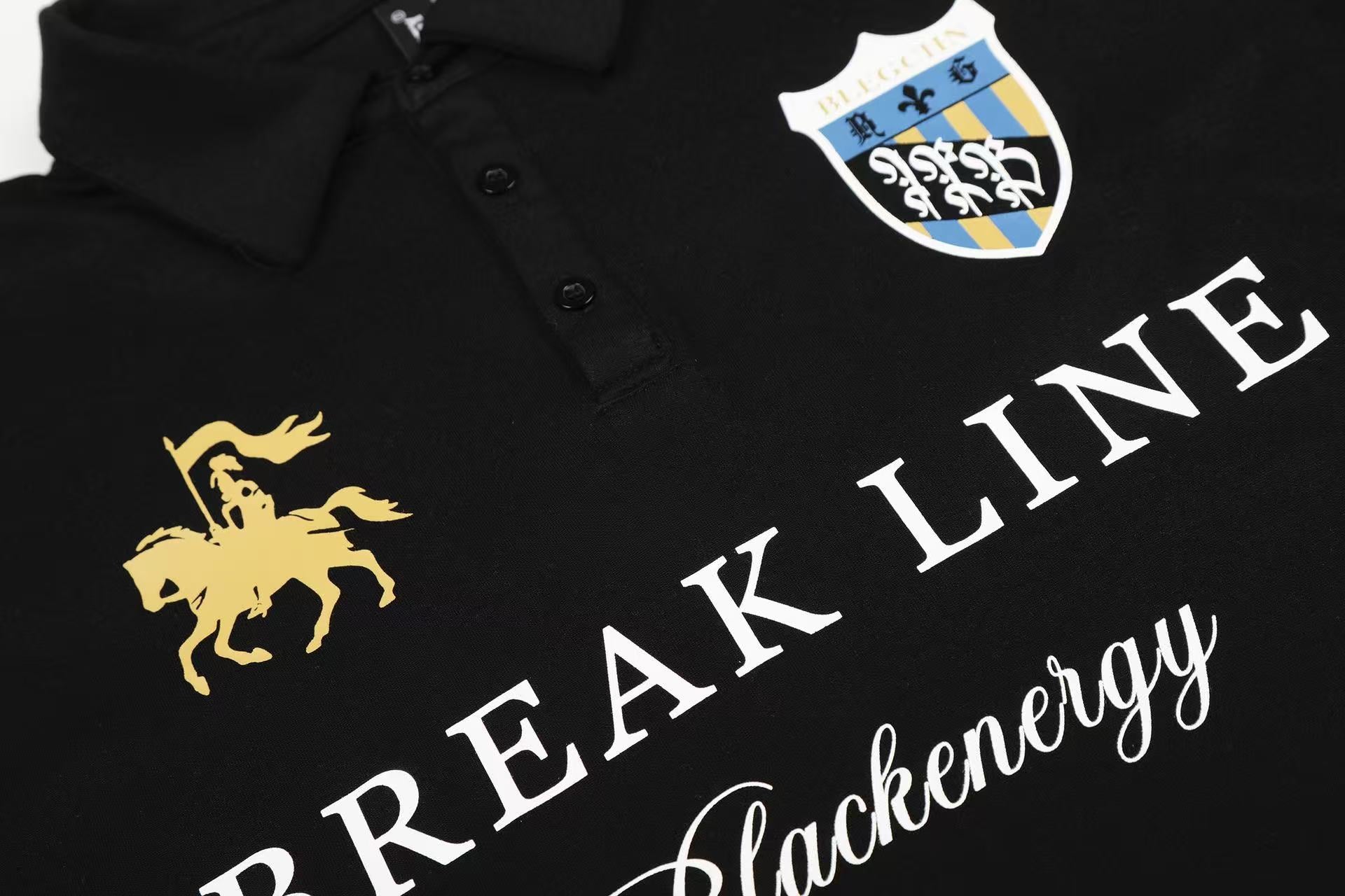 Streetwear Heraldic Crest Print Long Sleeve Polo Shirt