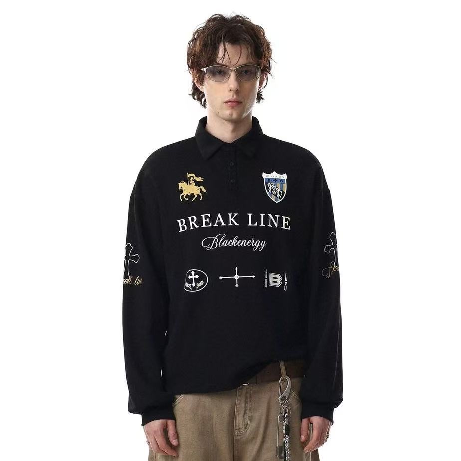 Streetwear Heraldic Crest Print Long Sleeve Polo Shirt