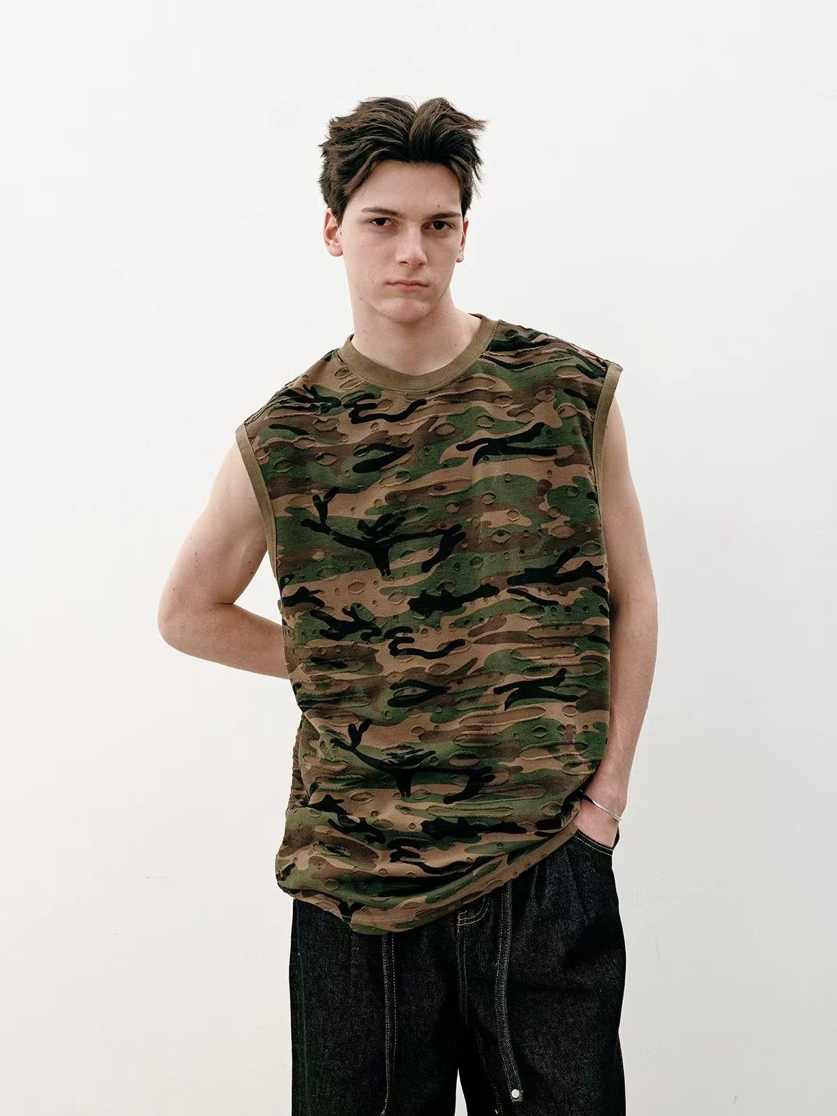 Distressed Camo Sleeveless Tank Top