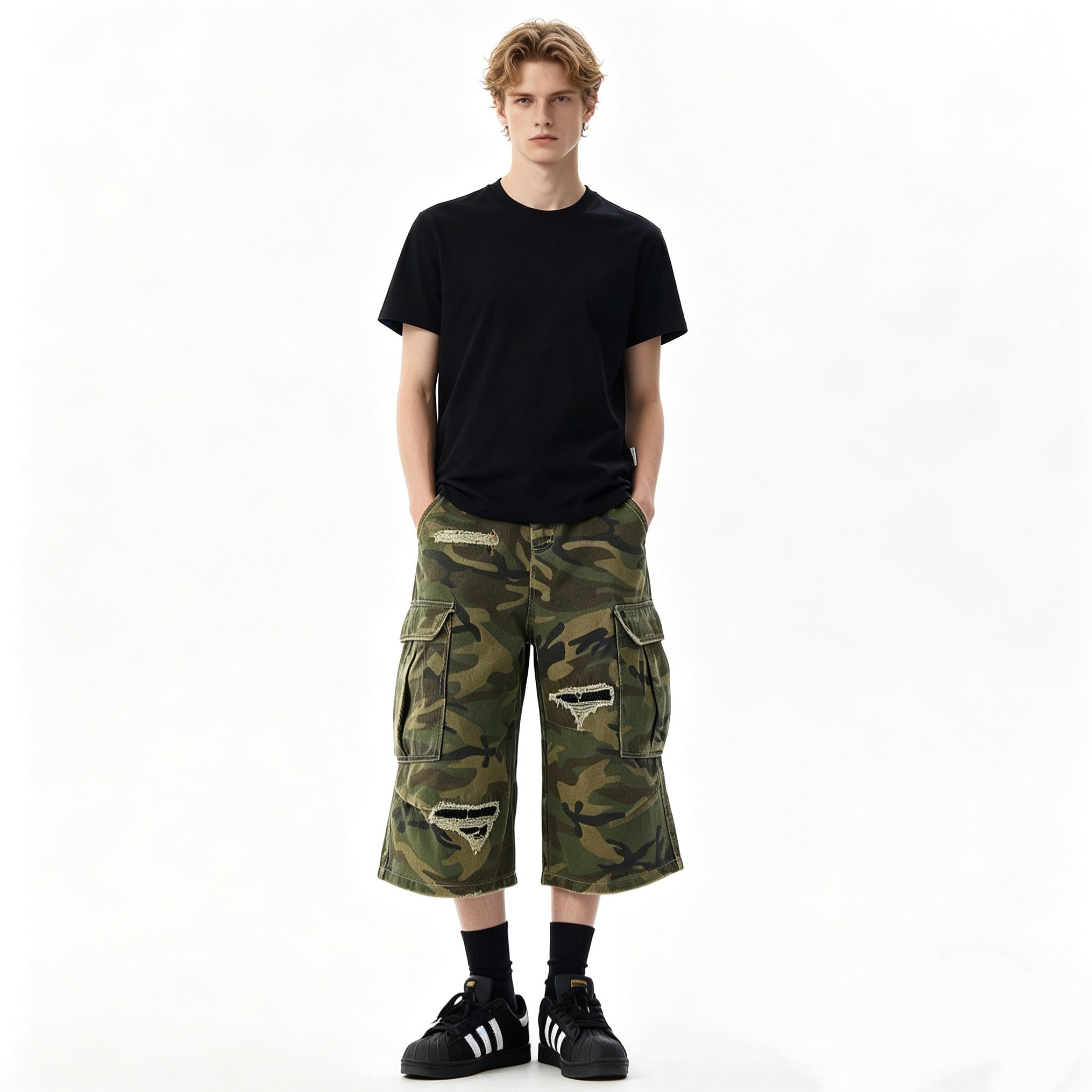 Distressed Camo Knee-Length Jorts