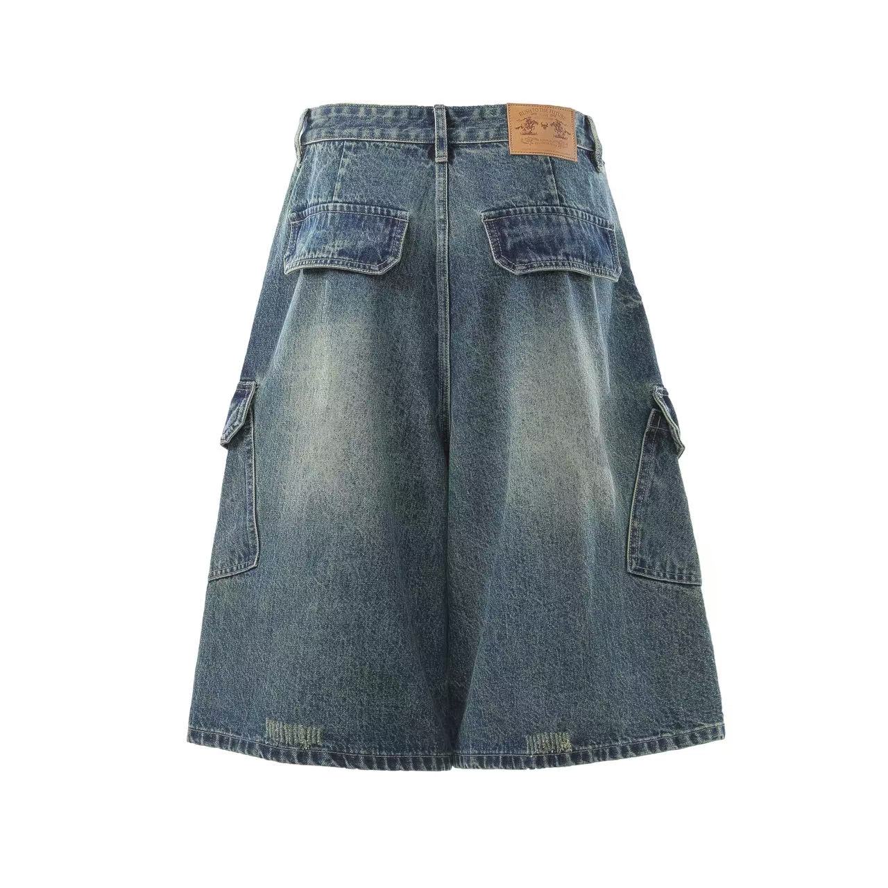 Vintage Washed Print Wide-Leg Denim Jorts
