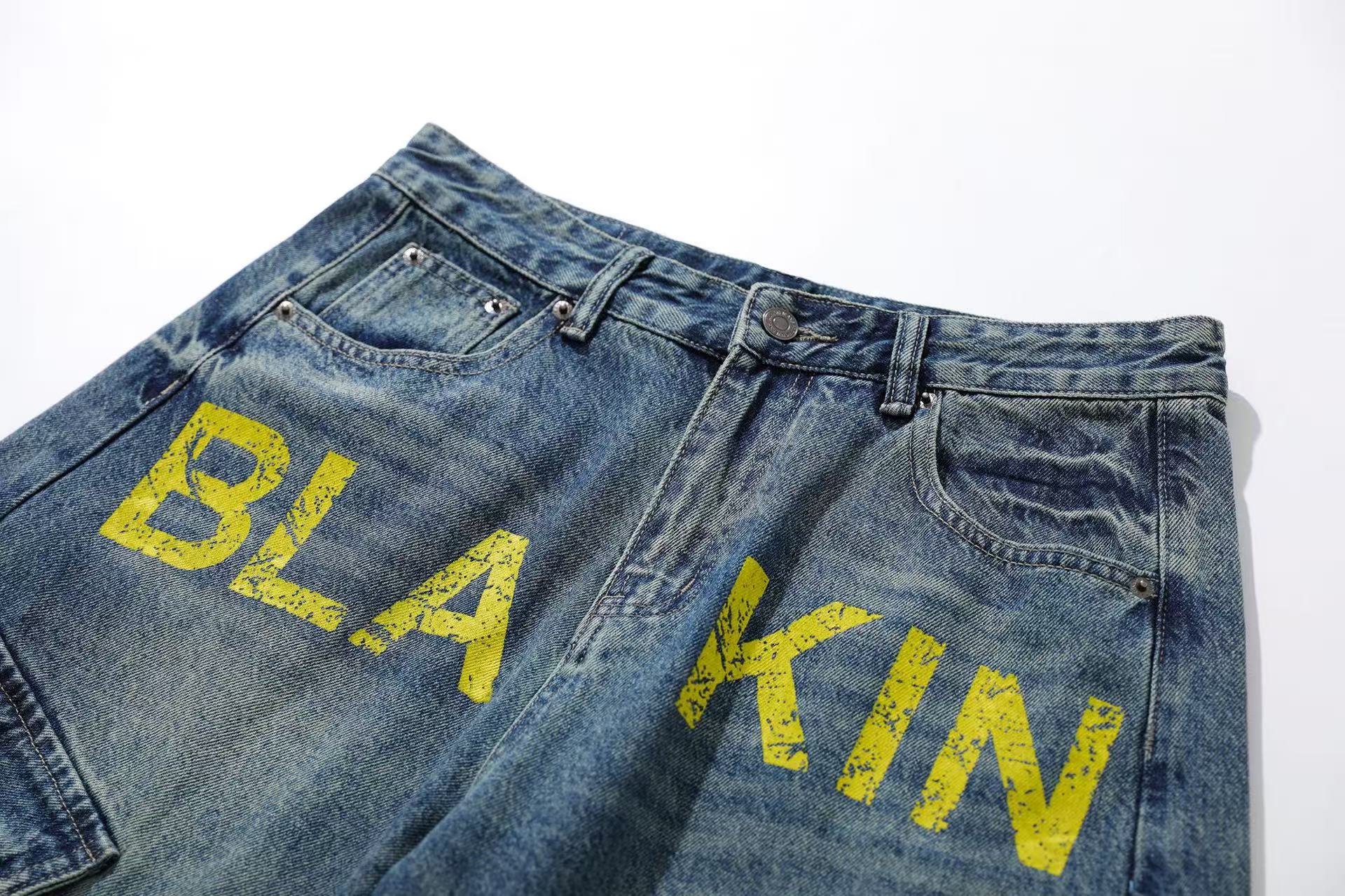 Vintage Washed Print Wide-Leg Baggy Jeans