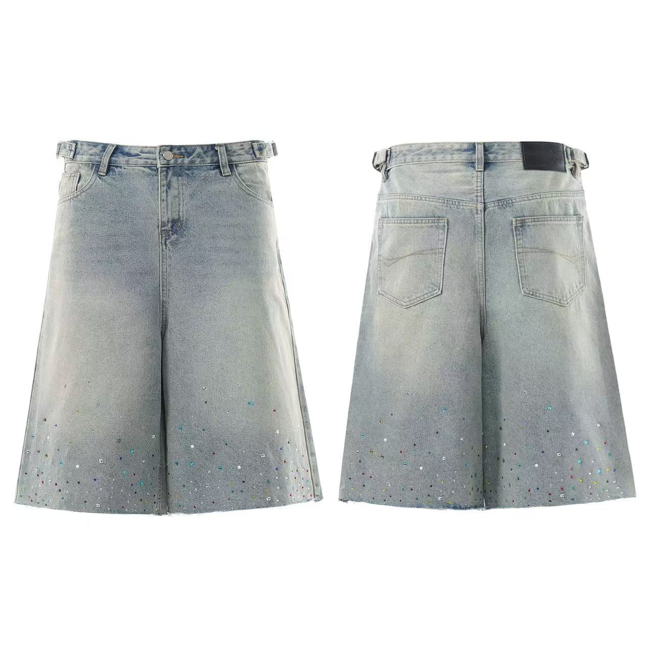 Washed Rhinestone Wide-Leg Denim Jorts