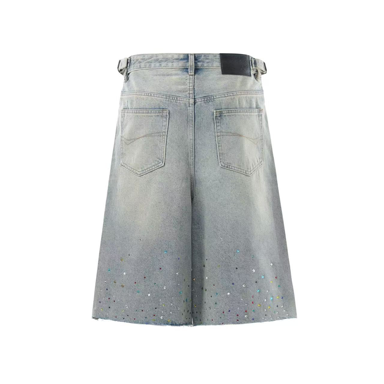 Washed Rhinestone Wide-Leg Denim Jorts