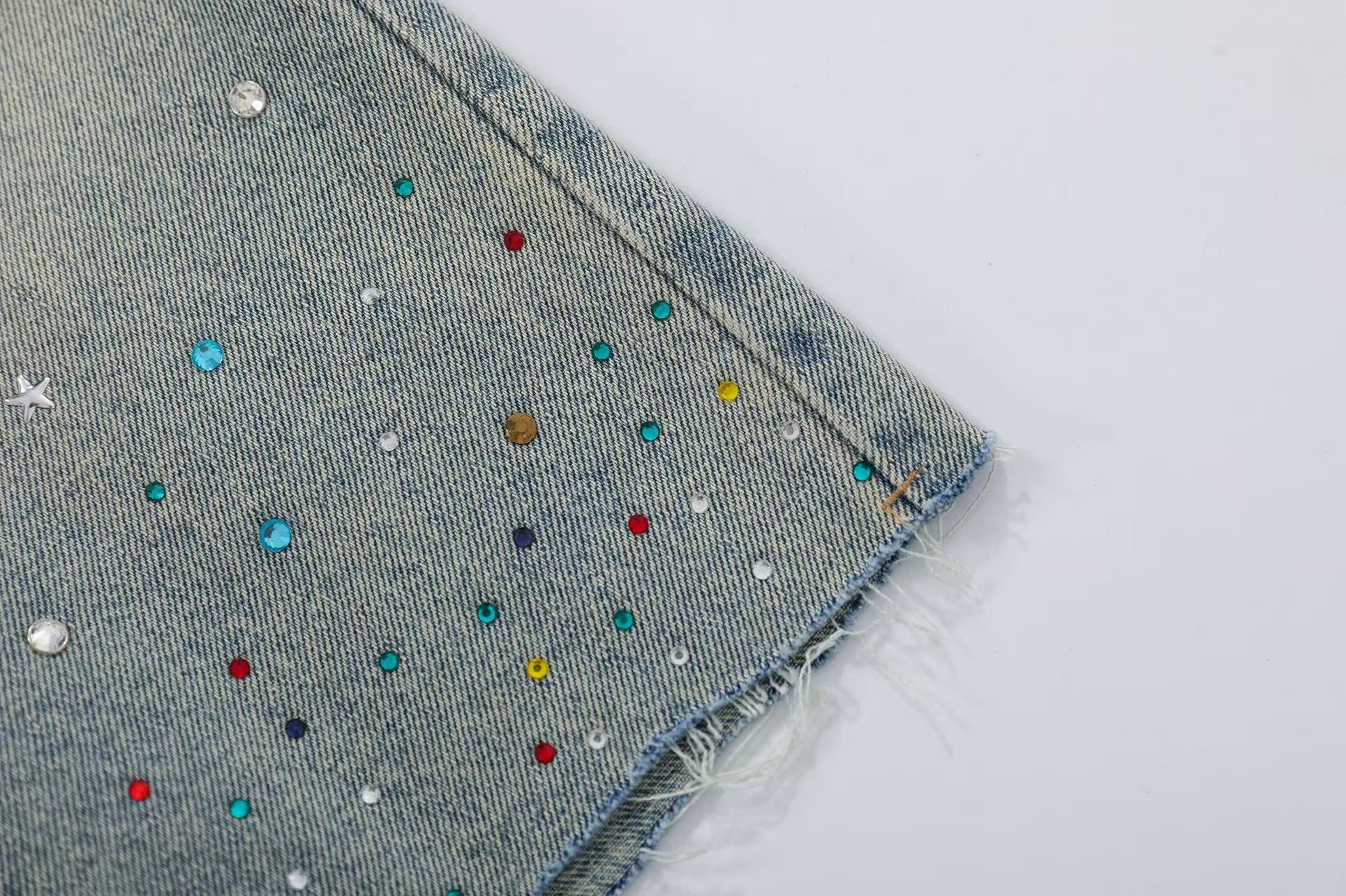 Washed Rhinestone Wide-Leg Denim Jorts