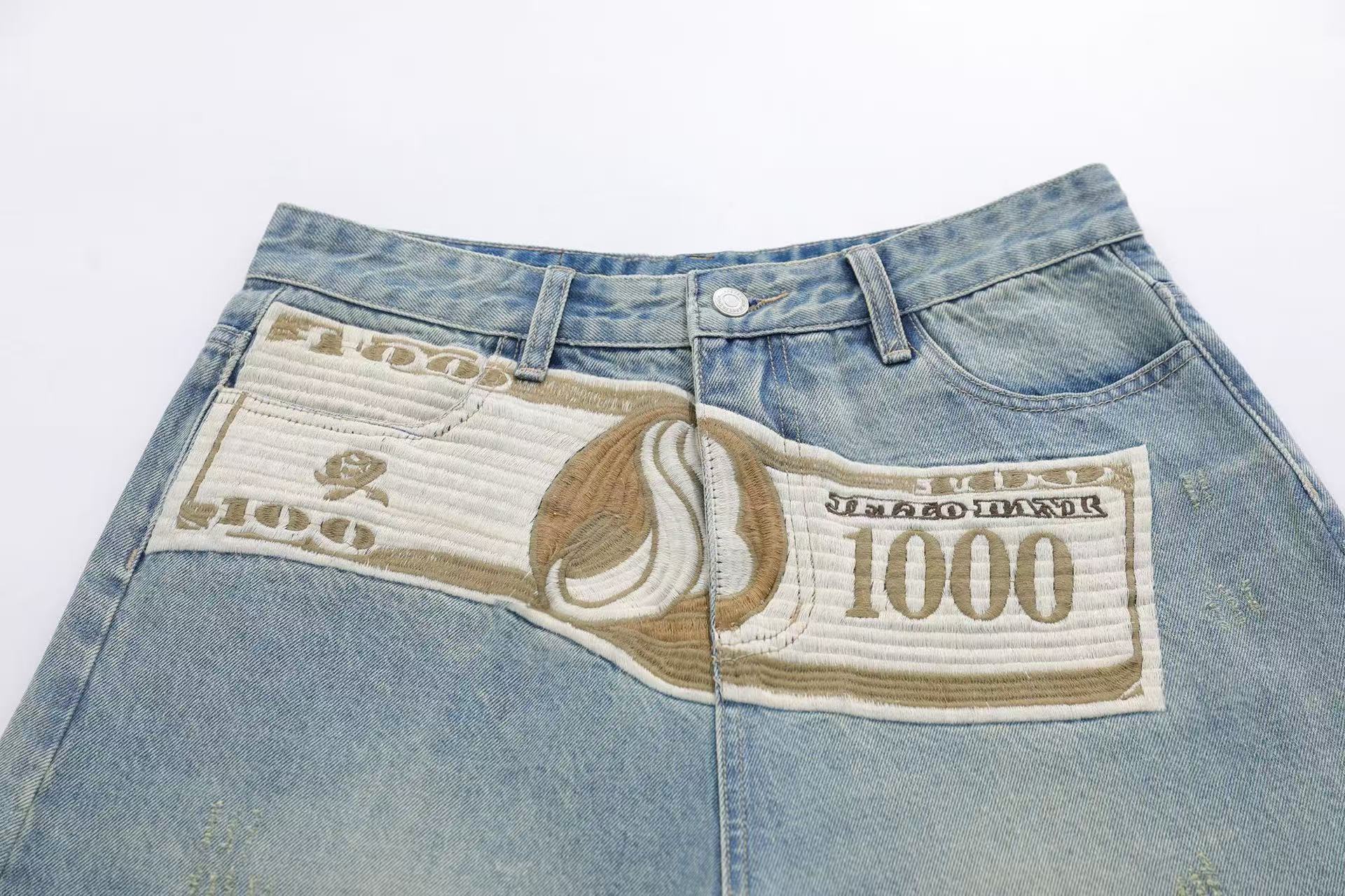 Streetwear Big Dollar Patch Wide-Leg Denim Jorts