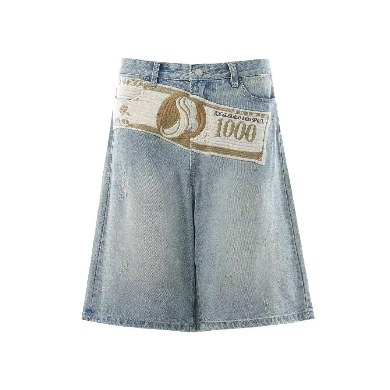 Streetwear Big Dollar Patch Wide-Leg Denim Jorts