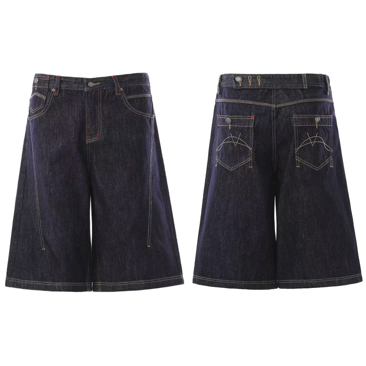 Contrast Stitching Wide-Leg Denim Jorts