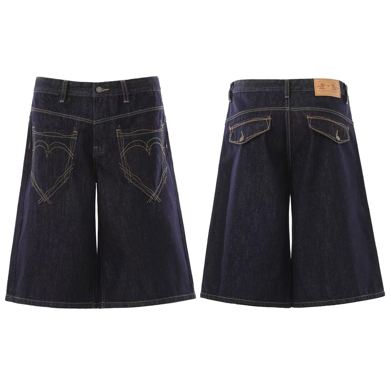 Heart Stitching Wide-Leg Denim Jorts