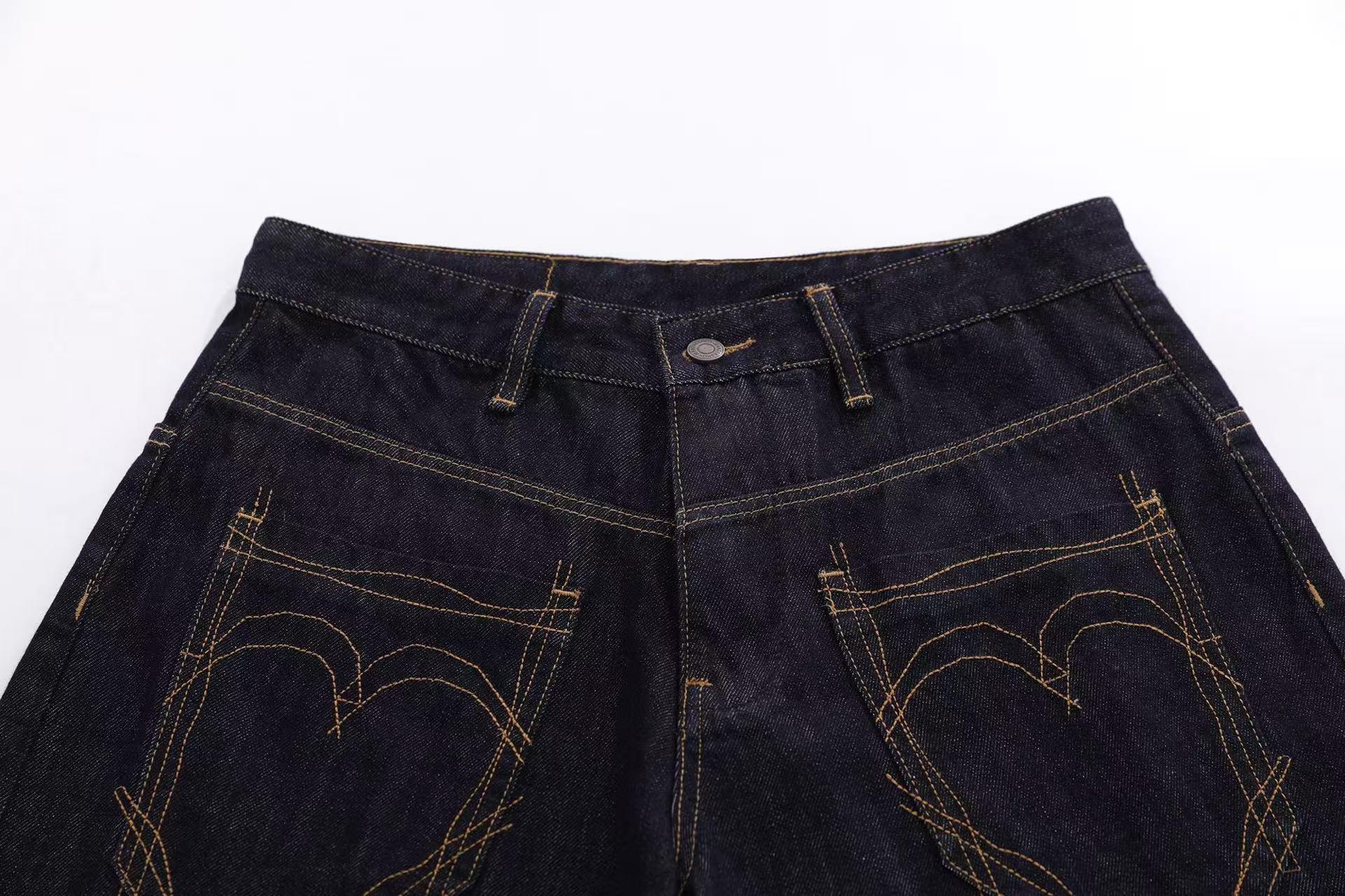 Heart Stitching Wide-Leg Denim Jorts