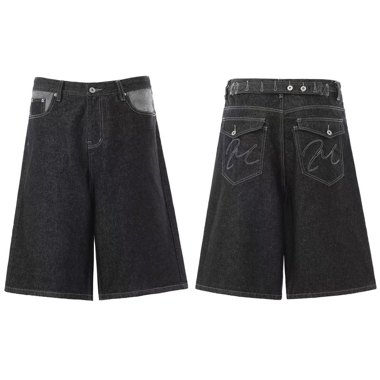 Contrast Pocket Panels Wide-Leg Denim Jorts