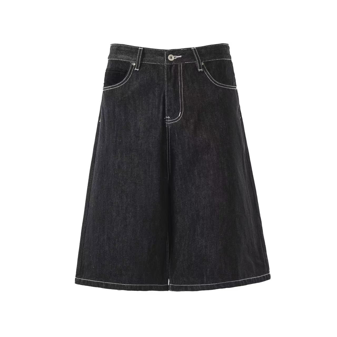 Streetwear Contrast Stitching Wide-Leg Denim Jorts