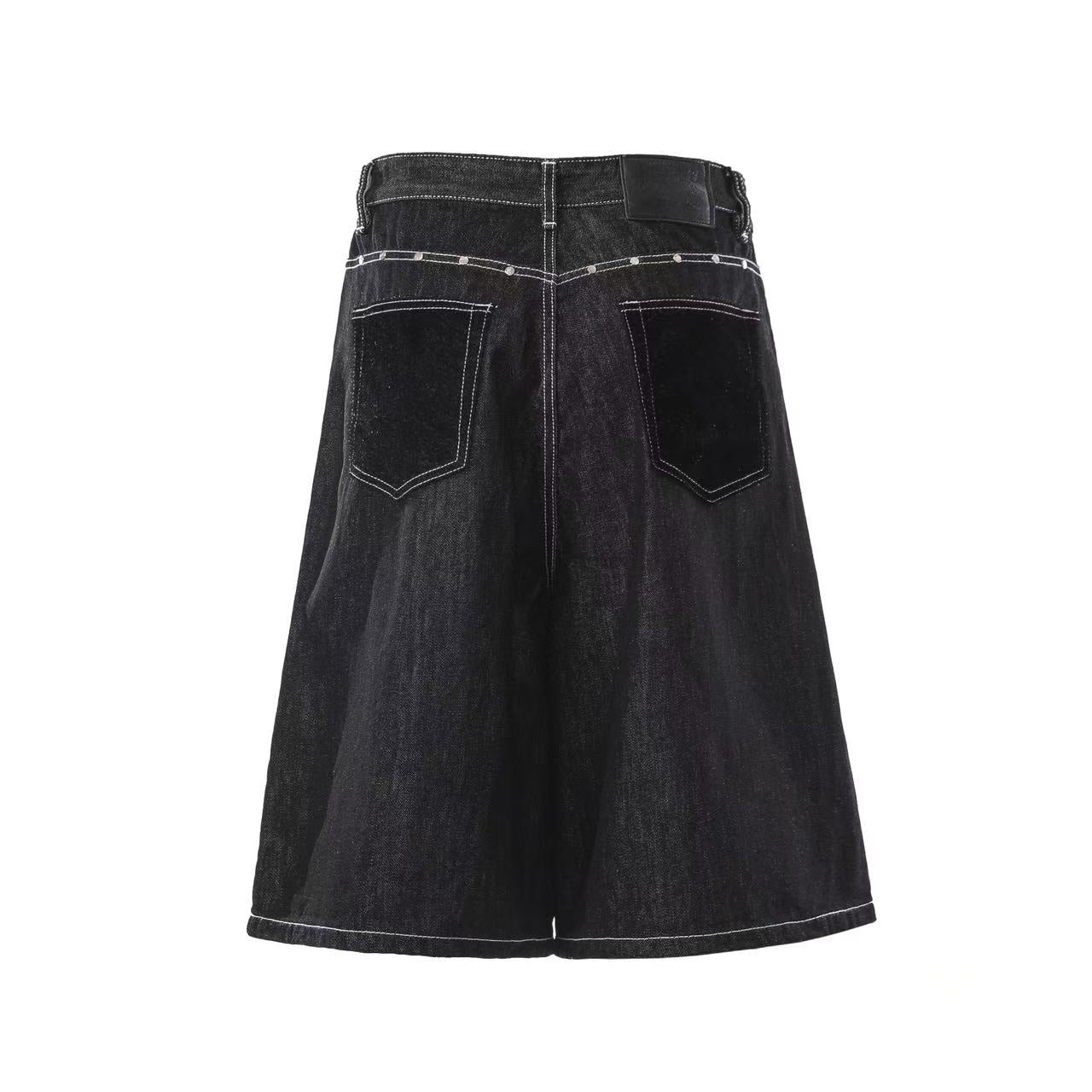 Streetwear Contrast Stitching Wide-Leg Denim Jorts