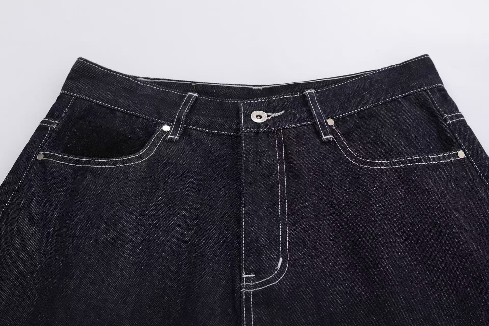 Streetwear Contrast Stitching Wide-Leg Denim Jorts