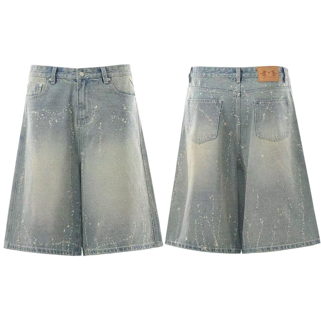 Streetwear Splatter Wash Wide-Leg Denim Jorts