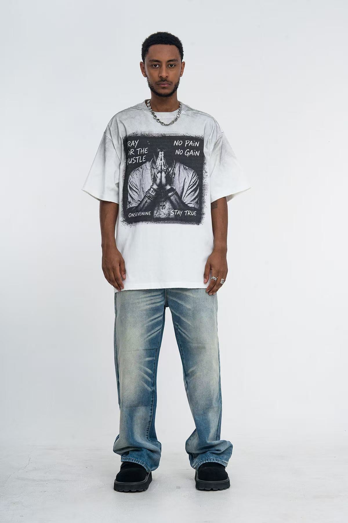 Streetwear Pray Hands Print T-Shirt