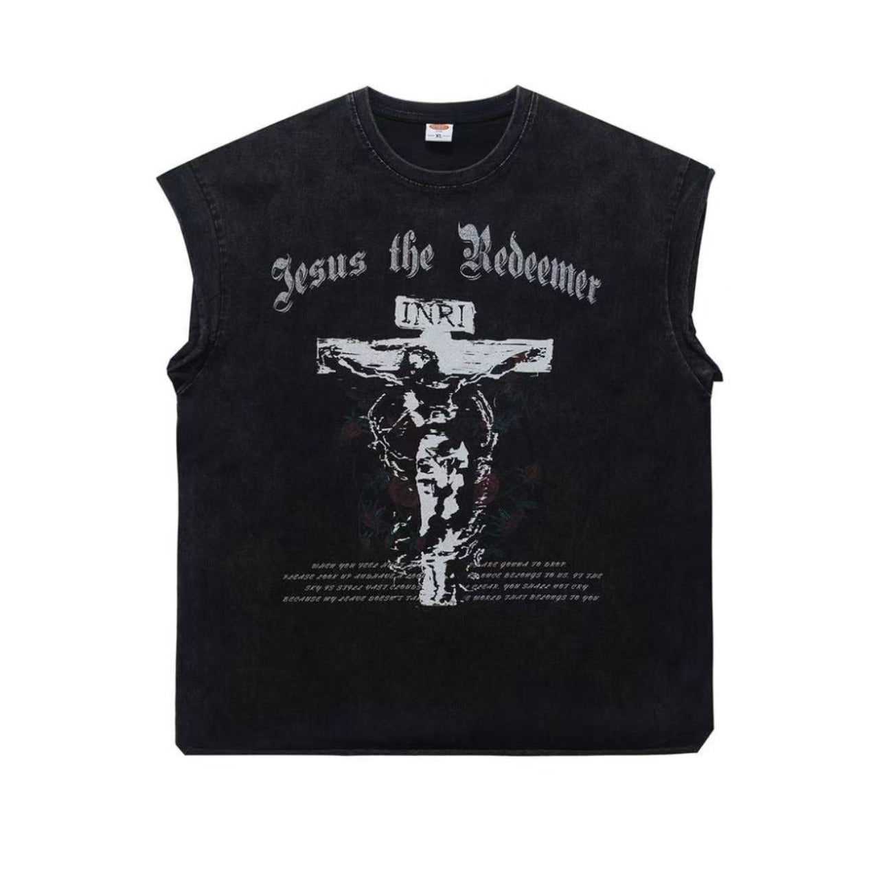 Vintage Wash Jesus Crucifix Rose Print Tank Top