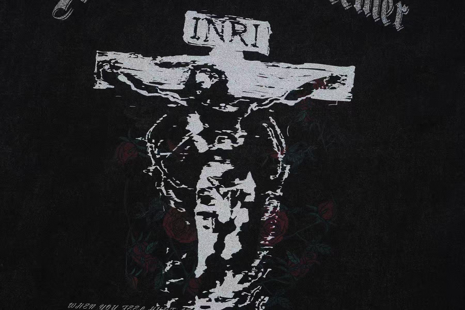 Vintage Wash Jesus Crucifix Rose Print Tank Top