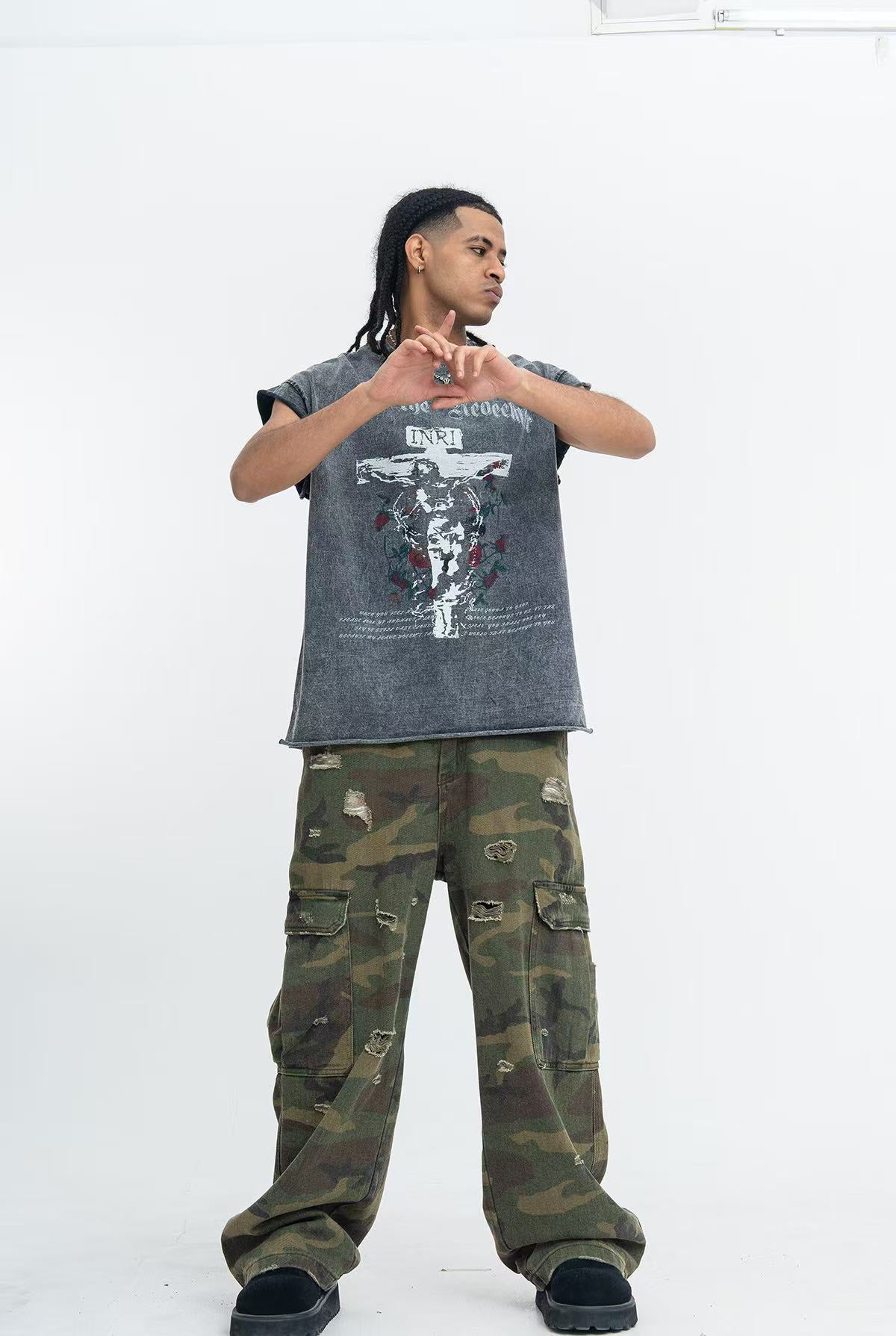 Vintage Wash Jesus Crucifix Rose Print Tank Top