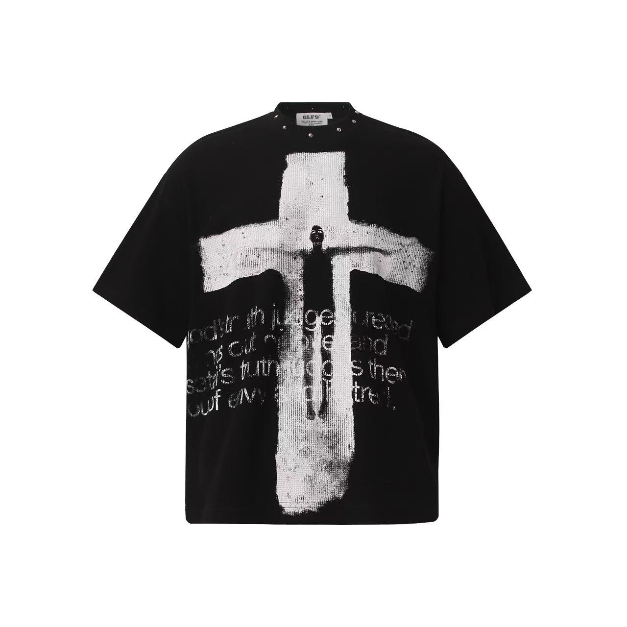 Dark Gothic Stud Cross Text Print T-Shirt