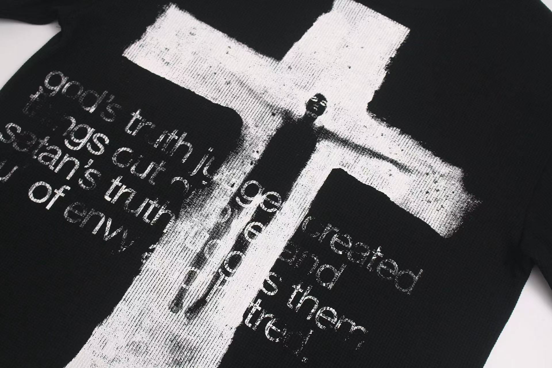 Dark Gothic Stud Cross Text Print T-Shirt