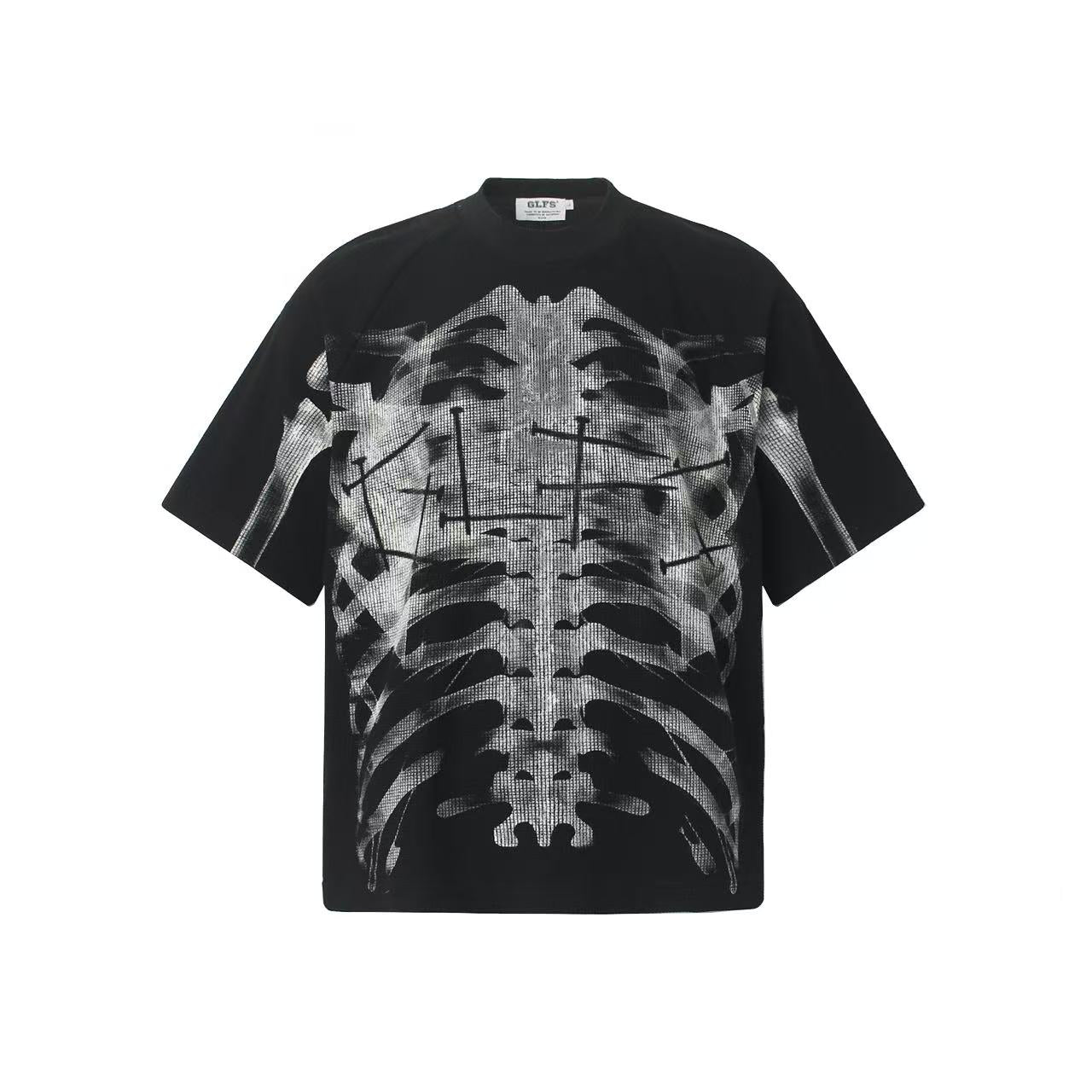 Streetwear Waffle Nail Through Skeleton Print T-Shirt