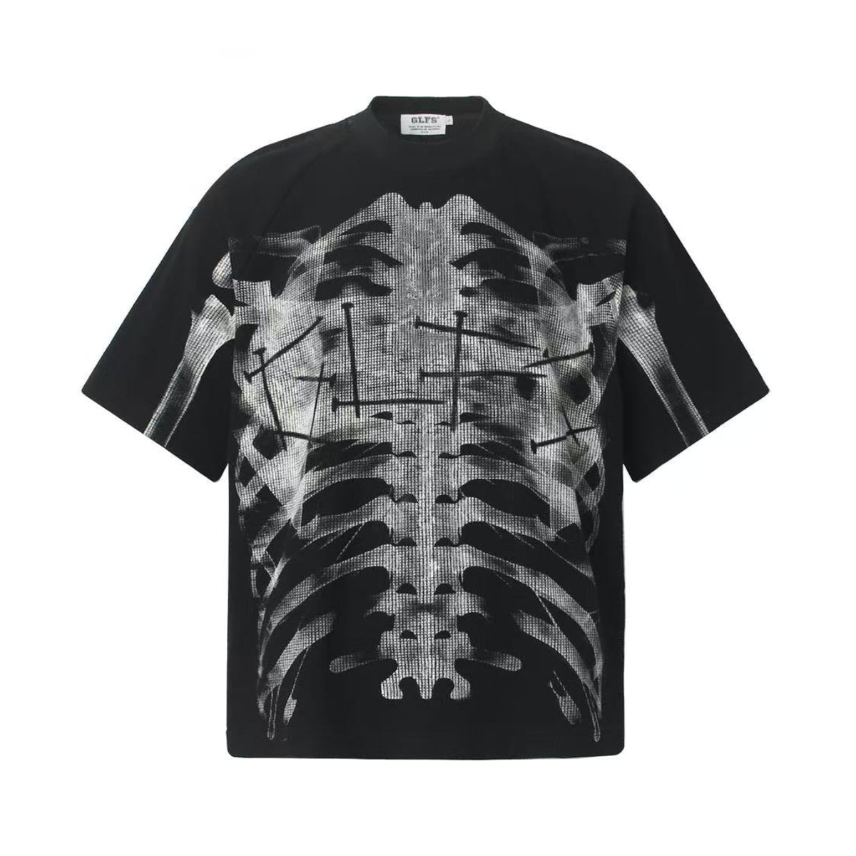 Streetwear Waffle Nail Through Skeleton Print T-Shirt