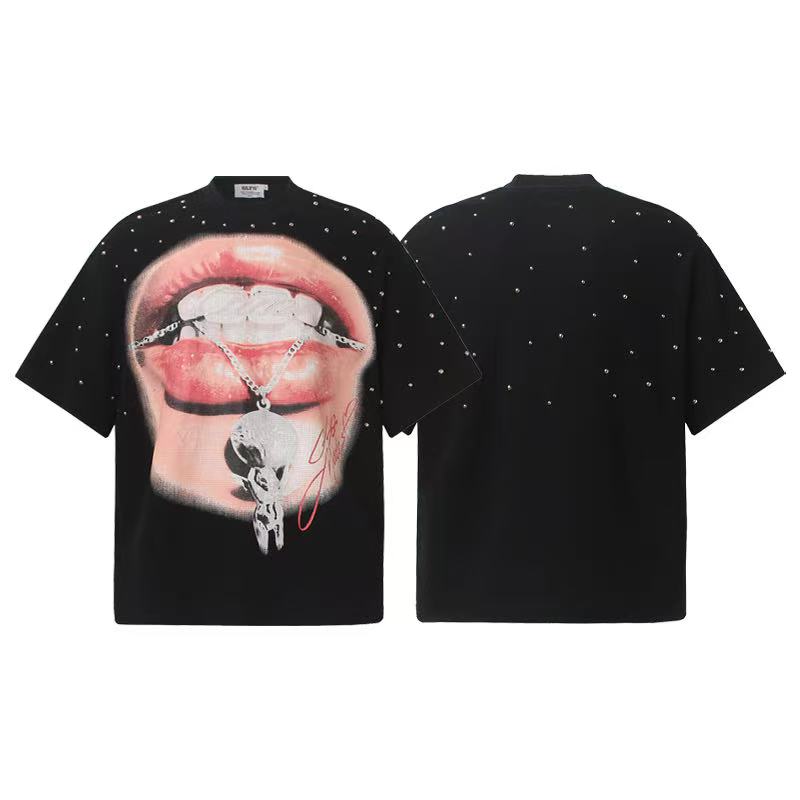 Streetwear Waffle Rivet Sexy Lips Print T-Shirt