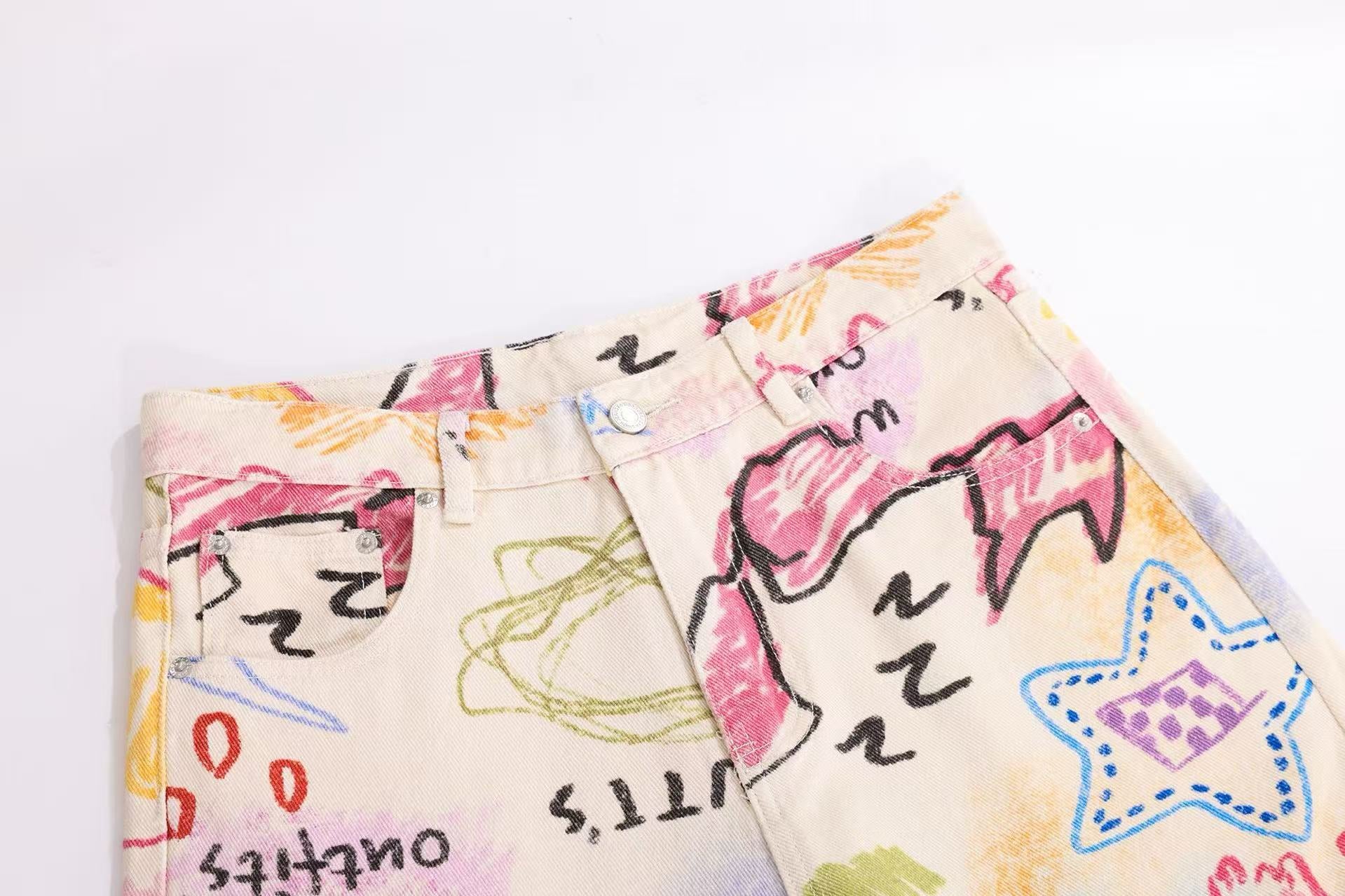 Graffiti Doodle Print Wide-Leg Cargo Pants