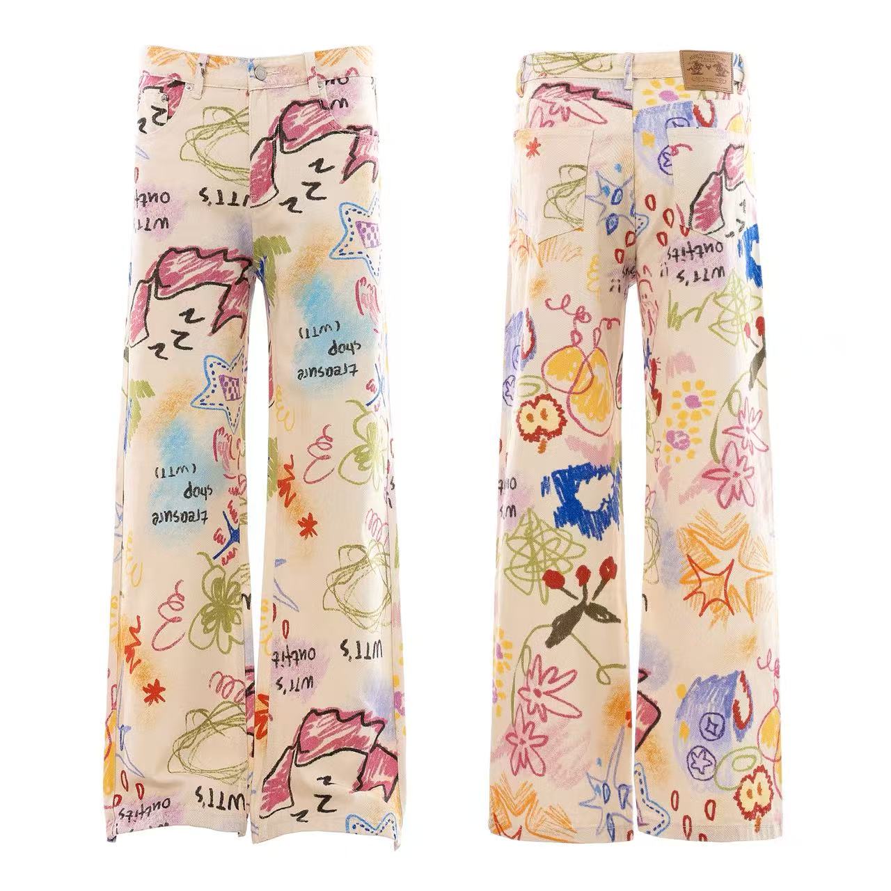 Graffiti Doodle Print Wide-Leg Cargo Pants