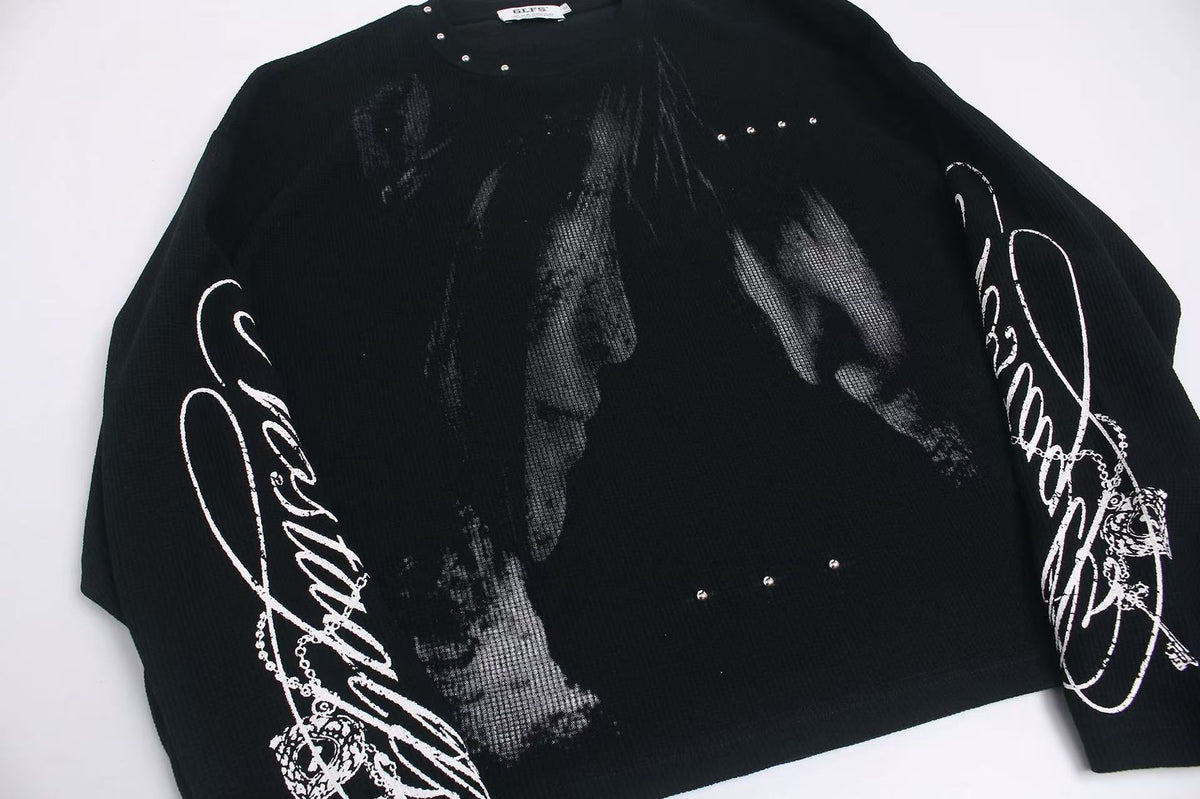 Studded Dark-Gothic Print Waffle Knit Long Sleeve