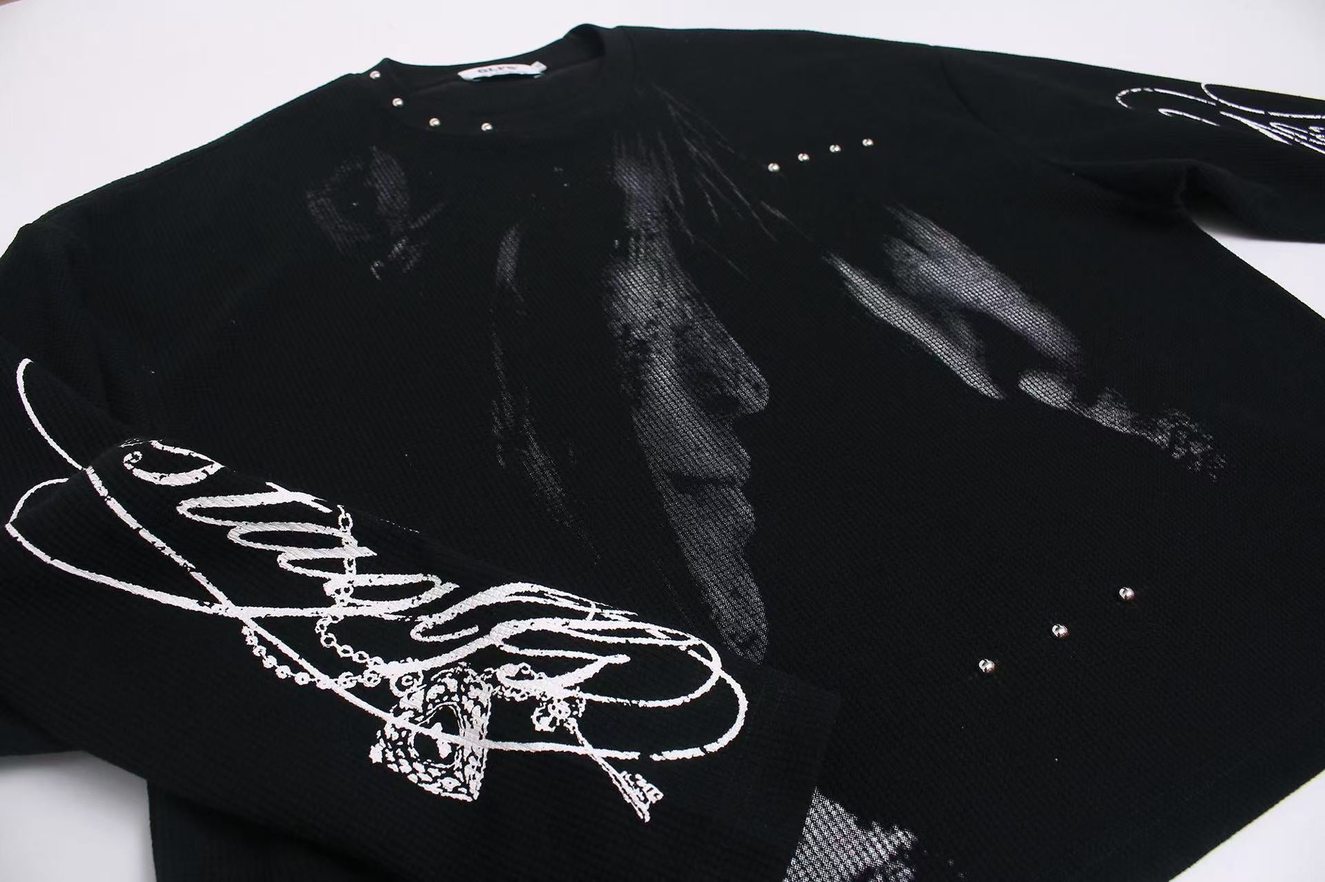 Studded Dark-Gothic Print Waffle Knit Long Sleeve