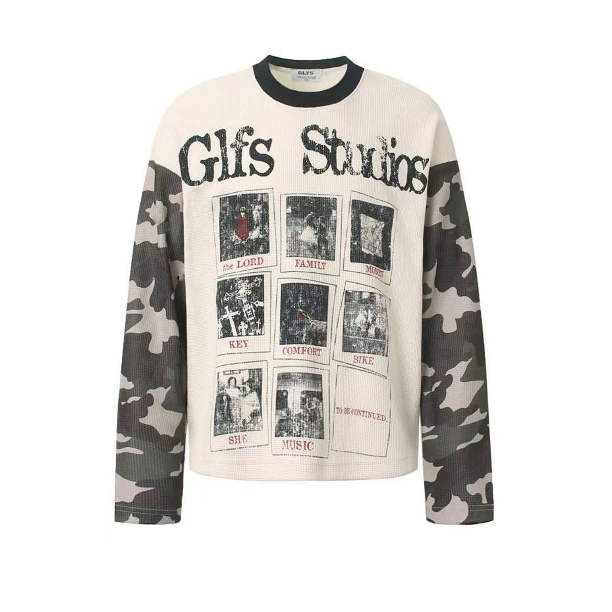 Camo Spliced Vintage Print Waffle Knit Long Sleeve