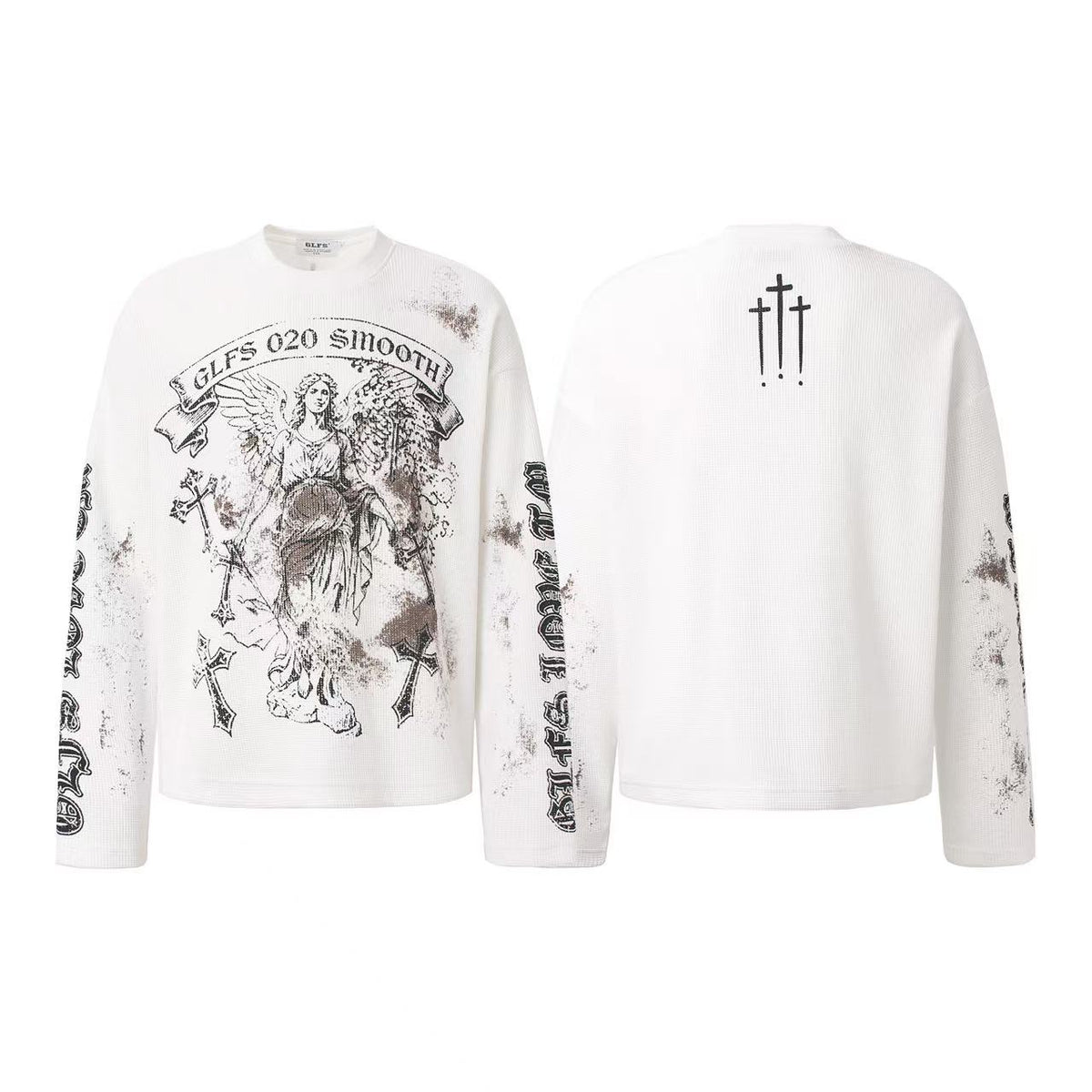 Dirty-Wash Cross Goddess Print Waffle Knit Long Sleeve