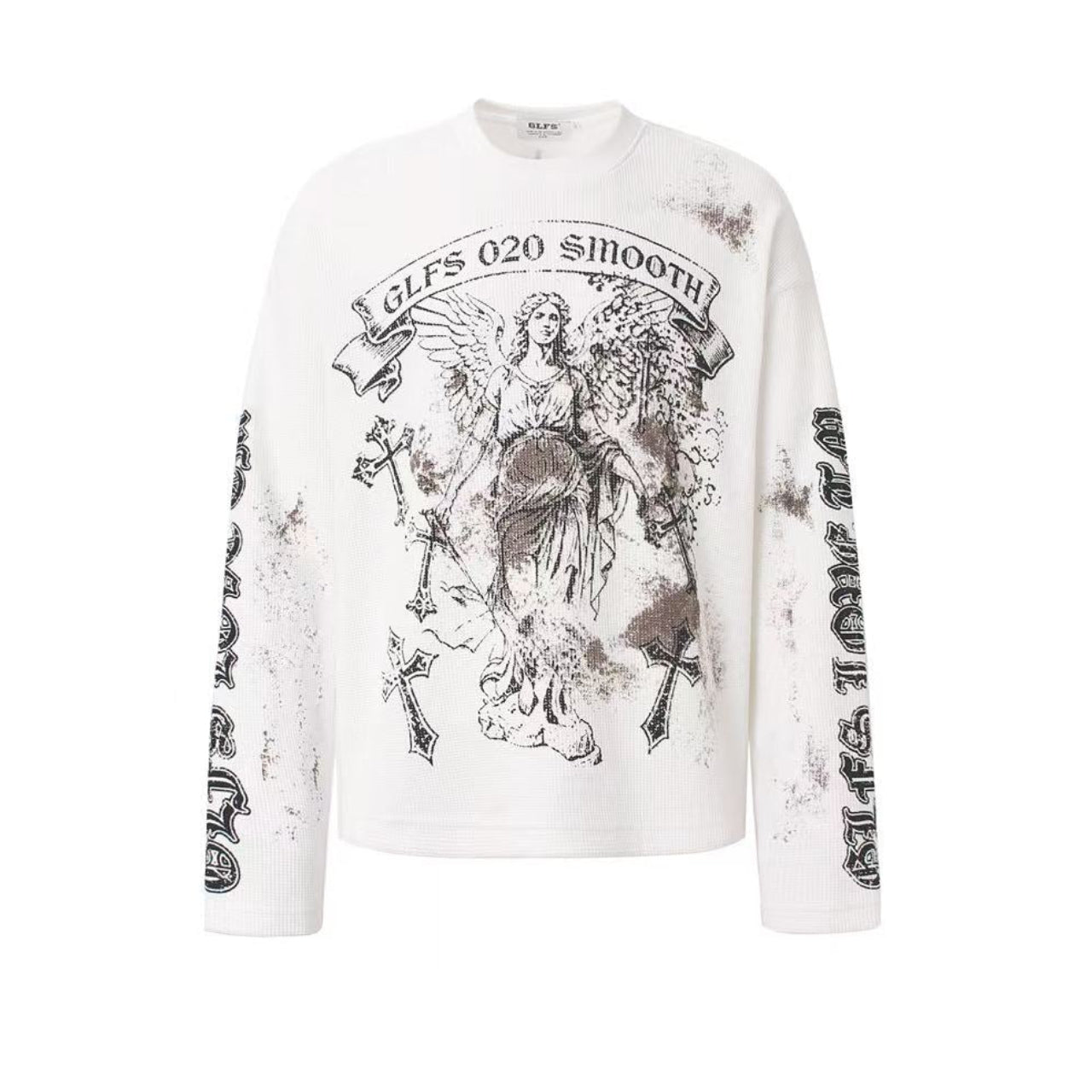 Dirty-Wash Cross Goddess Print Waffle Knit Long Sleeve