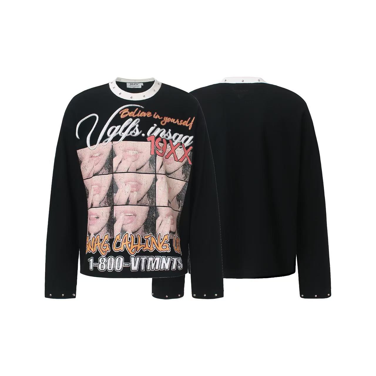 Rivet Collar Portrait Print Waffle Knit Long Sleeve