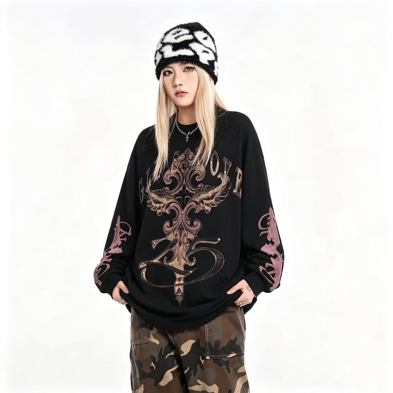 Studded Cross Print Waffle Knit Long Sleeve