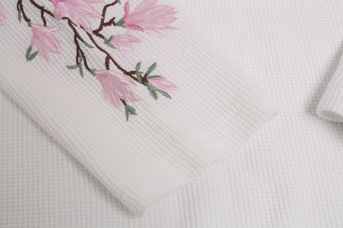 Floral Embroidery Print Waffle Knit Long Sleeve