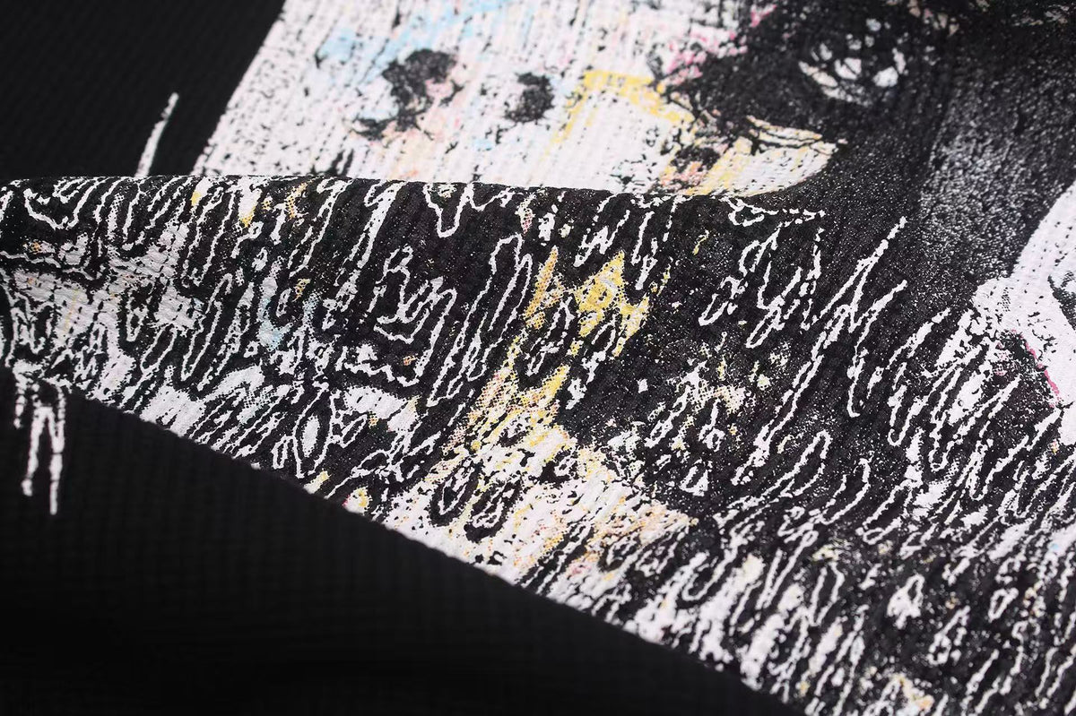 Studded Grunge Collage Portrait Print Waffle Knit Long Sleeve
