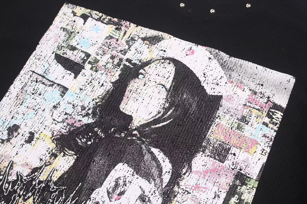 Studded Grunge Collage Portrait Print Waffle Knit Long Sleeve