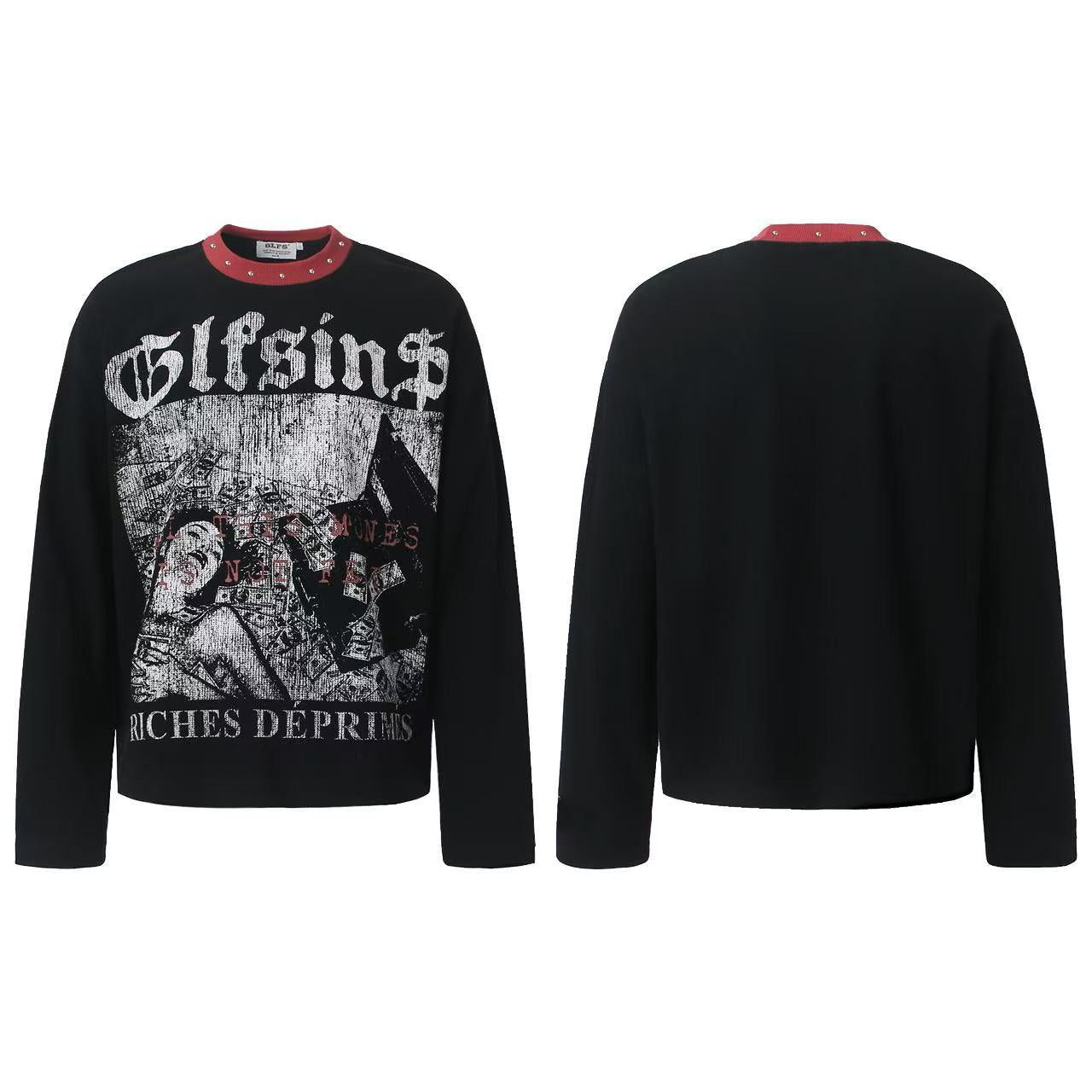 Rivet Contrast Collar Gothic Print Waffle Knit Long Sleeve