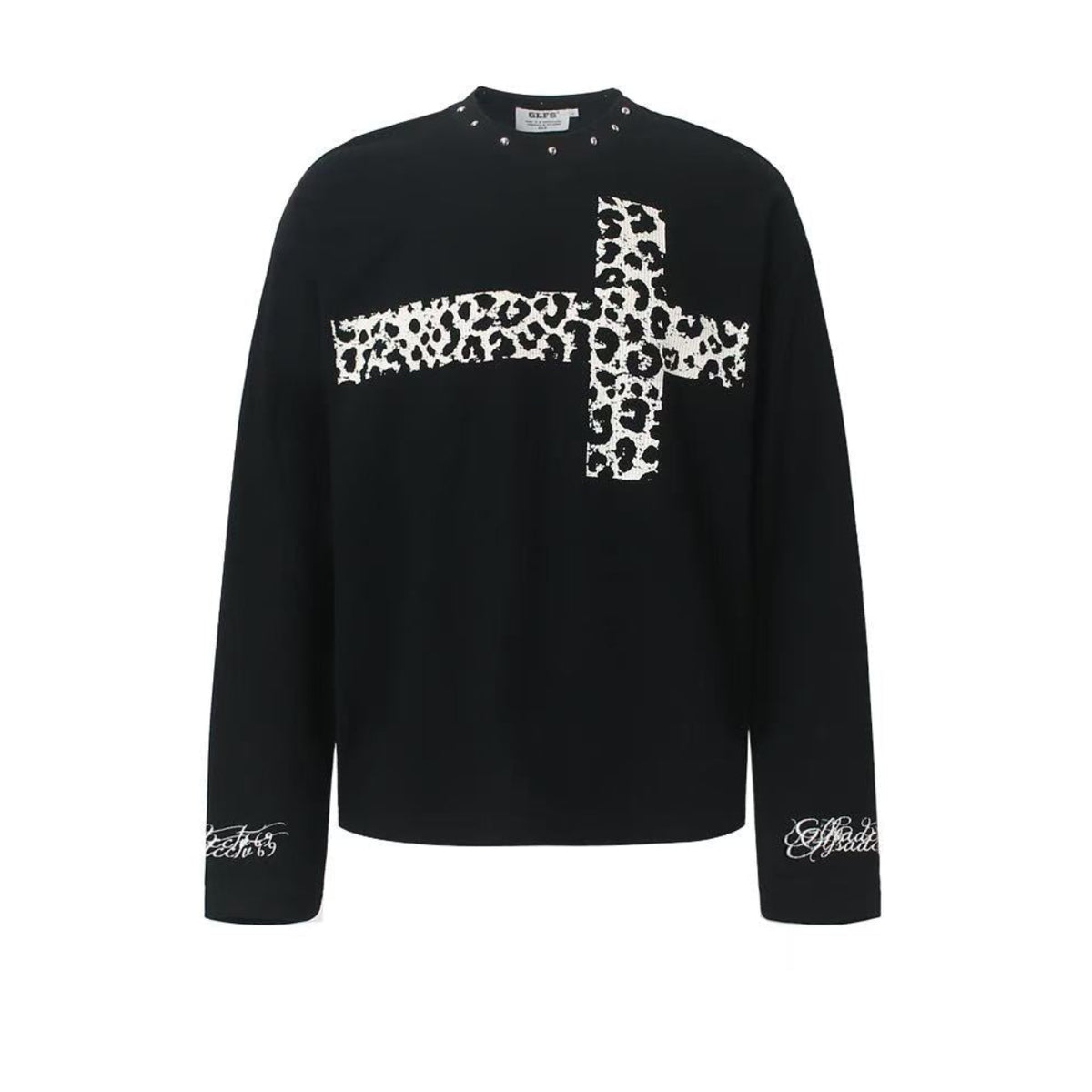 Studded Collar Leopard-Print Cross Waffle Knit Long Sleeve