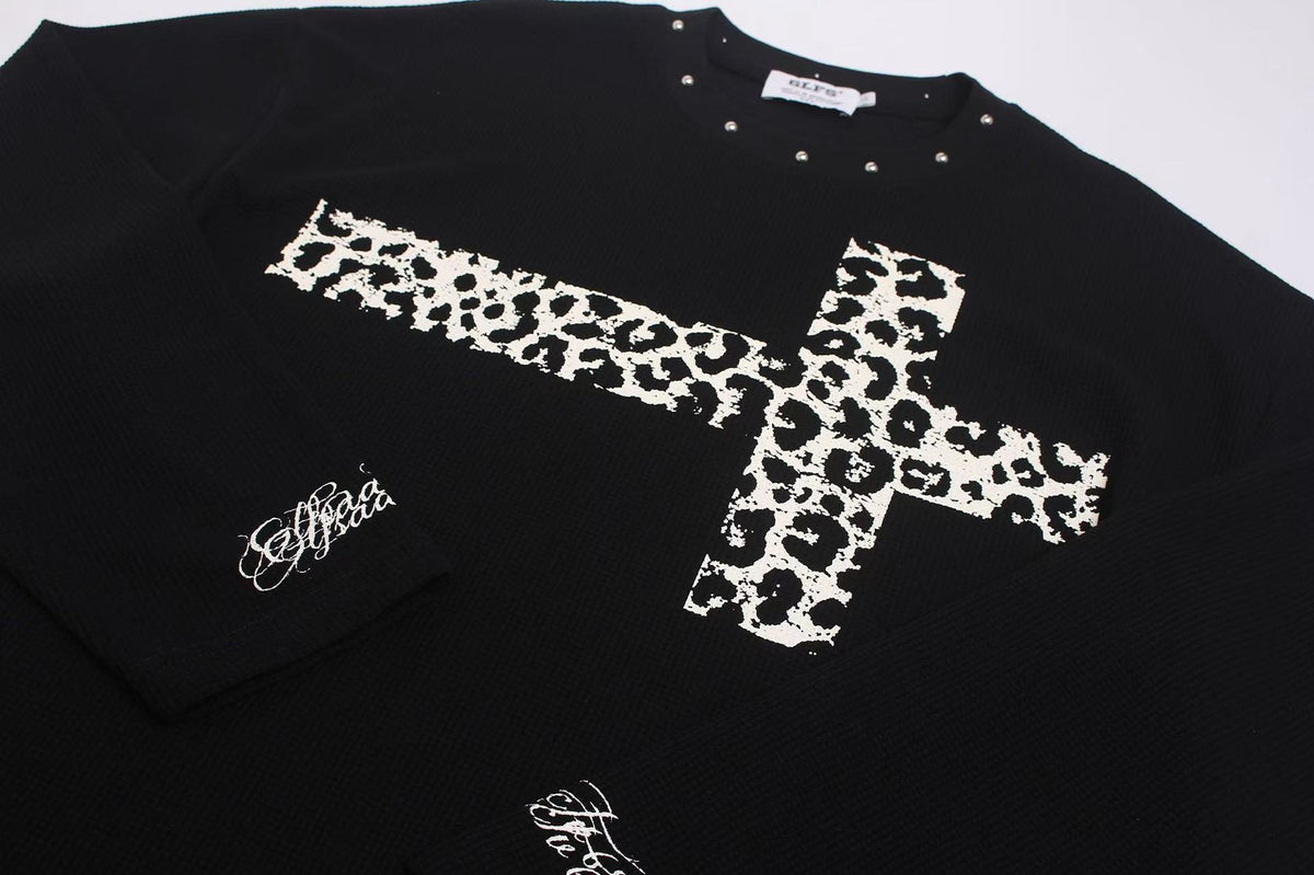 Studded Collar Leopard-Print Cross Waffle Knit Long Sleeve