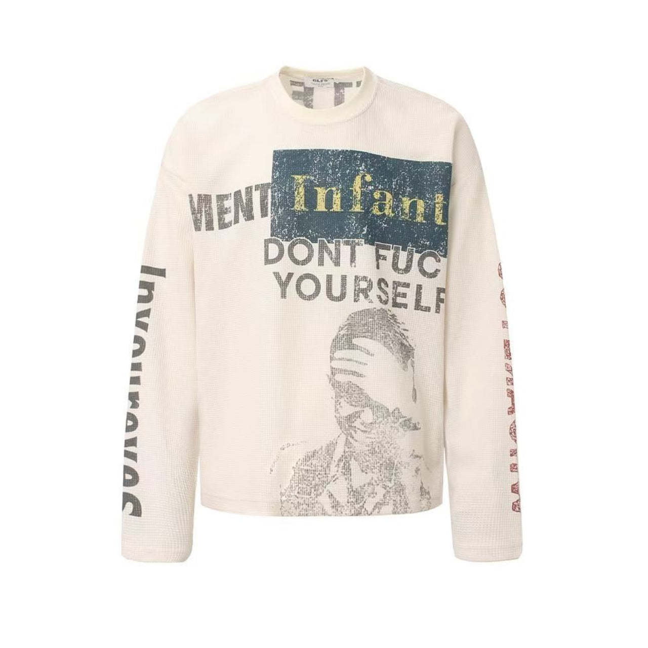 Streetwear Vintage Print Waffle Knit Long Sleeve