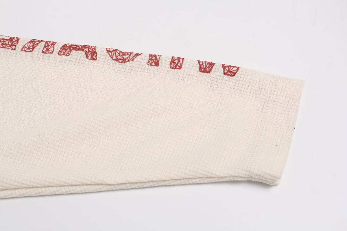 Streetwear Vintage Print Waffle Knit Long Sleeve