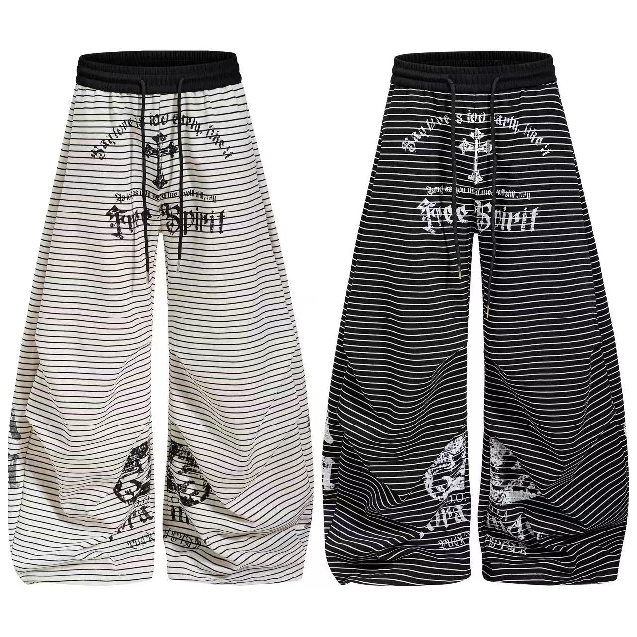 Striped Gothic Script Print Wide-Leg Sweatpants
