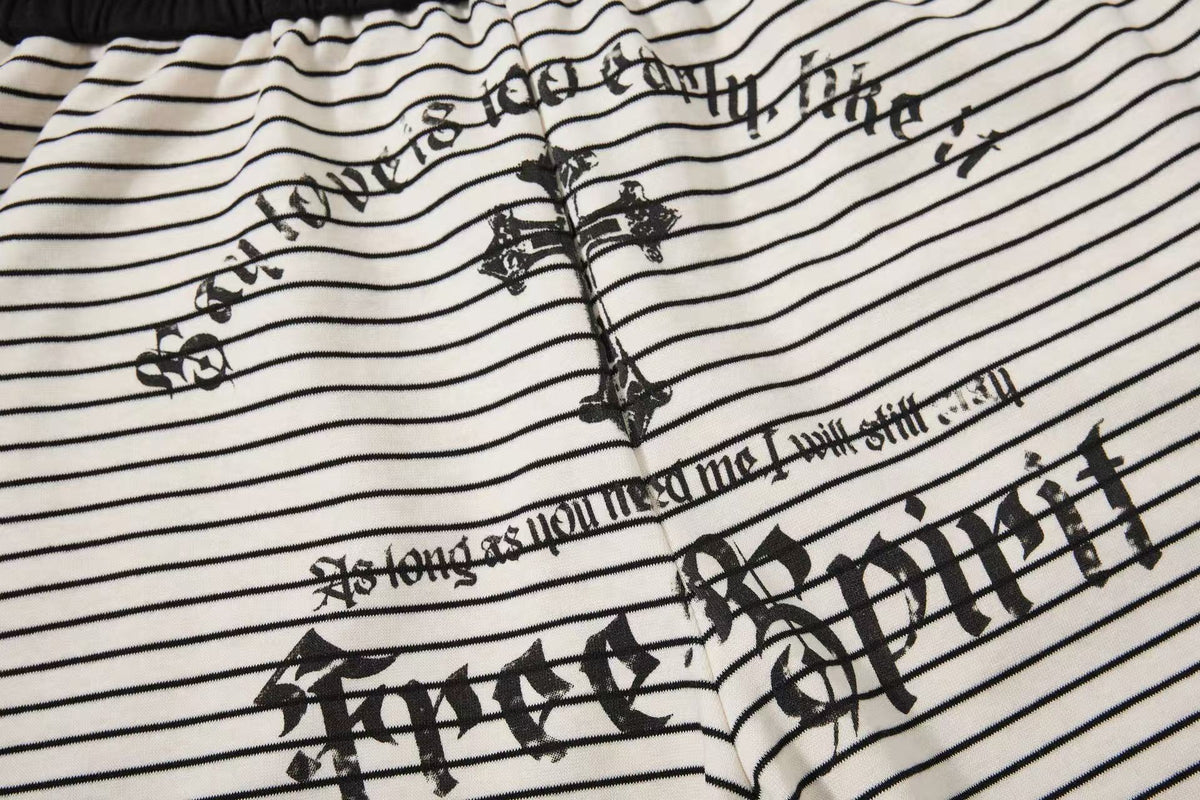 Striped Gothic Script Print Wide-Leg Sweatpants