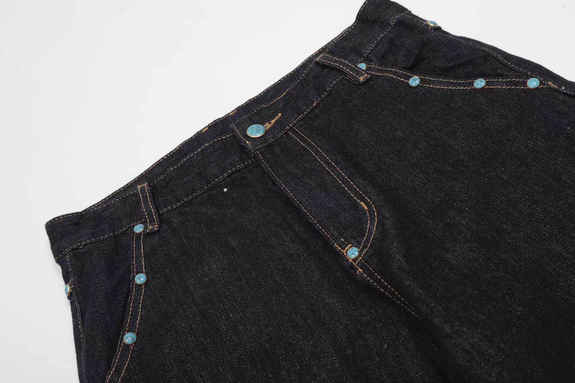 Turquoise-Stud Wide-Leg Baggy Jeans