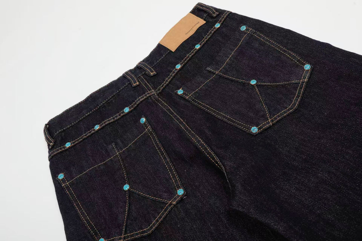 Turquoise-Stud Wide-Leg Baggy Jeans