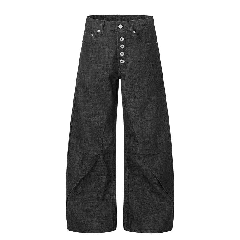 Raw Black Denim Multi-Button Wide-Leg Baggy Jeans